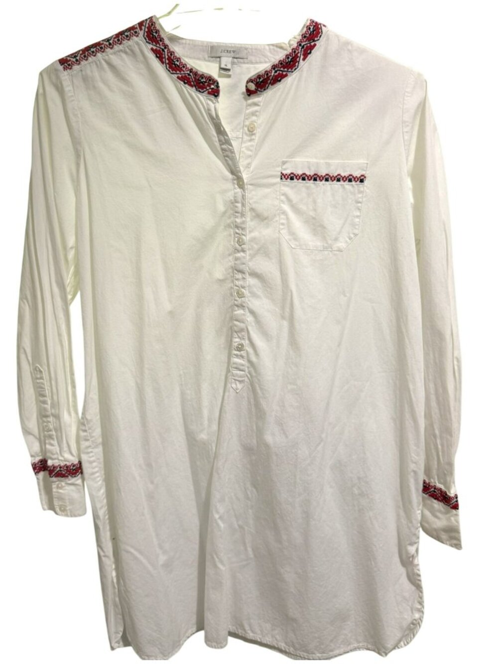 J. Crew White Geometric Embroidered Cotton LS Tunic Night Shirt XL Minimalist